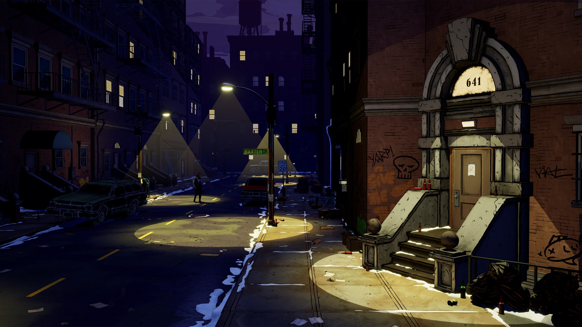 An exterior New York City street in The Wolf Among Us 2 showing building 611