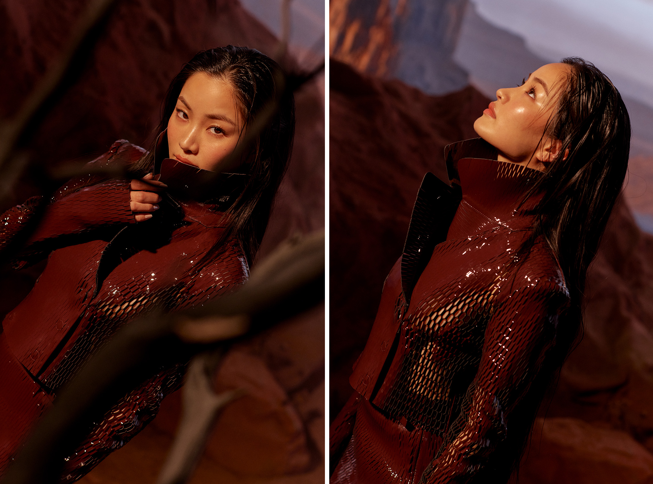 Two portraits of Anna Sawai wearing a structured red outfit against a rocky desert backdrop.