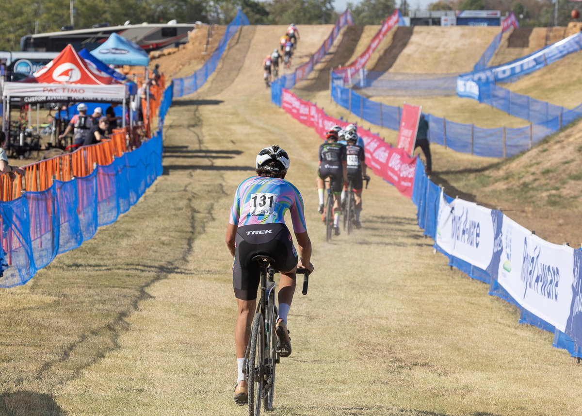 The strong winds broke the race apart into echelons working together to try to close the gap to the next group. Here Marcis Shelton (Bear CX) tries to catch back on during a downwind section.