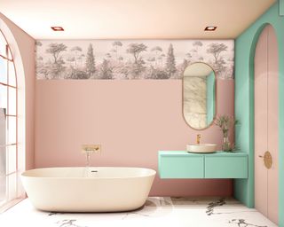 Blush pink bathroom with mint green vanity and arch with mirror by Woodchip and Magnolia