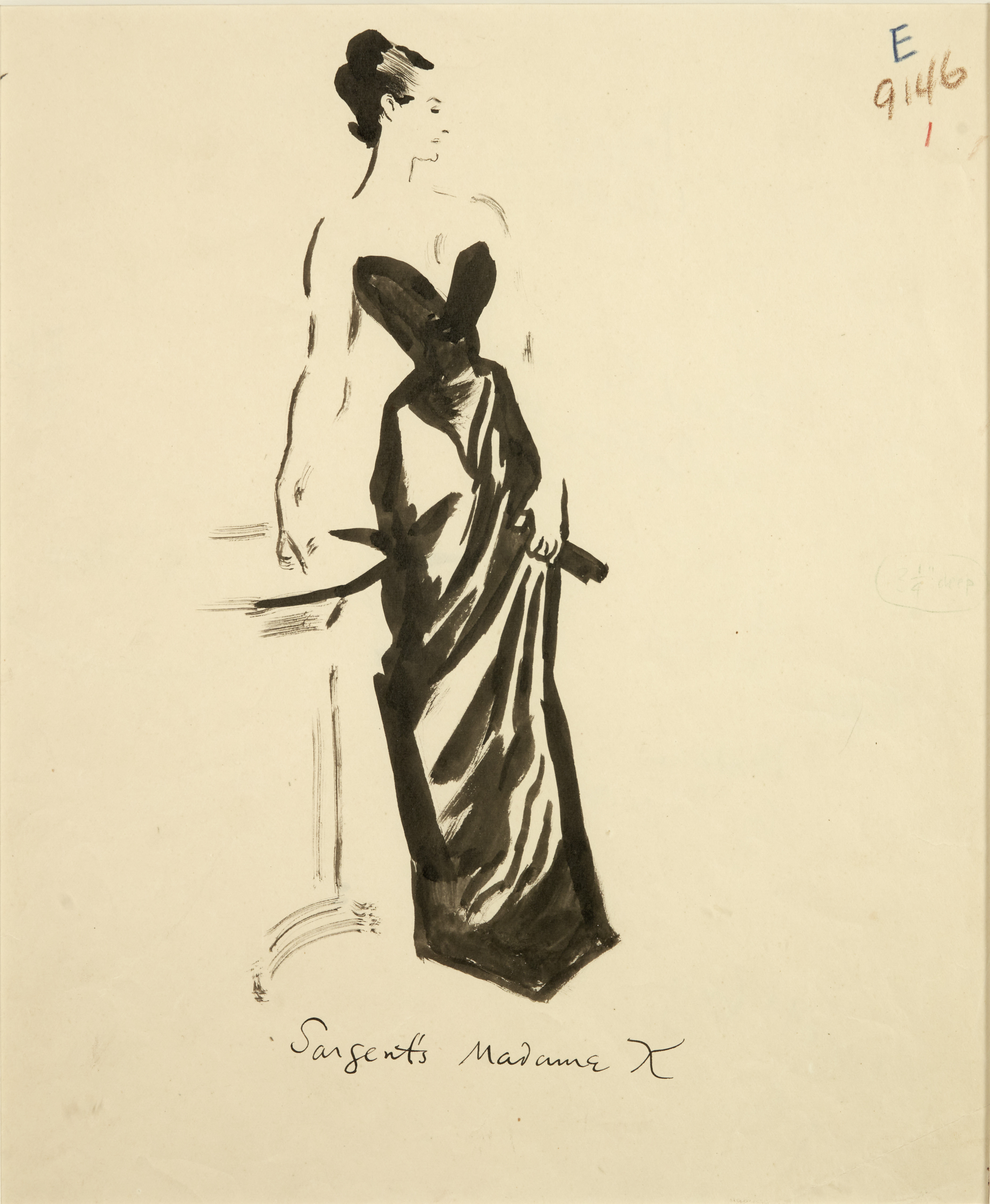A sketch of a woman in a black gown