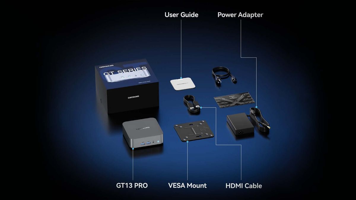 Geekom GT13 Pro next to the box it comes in, a manual, a VESA mount, an HDMI cable, and a power adapter.