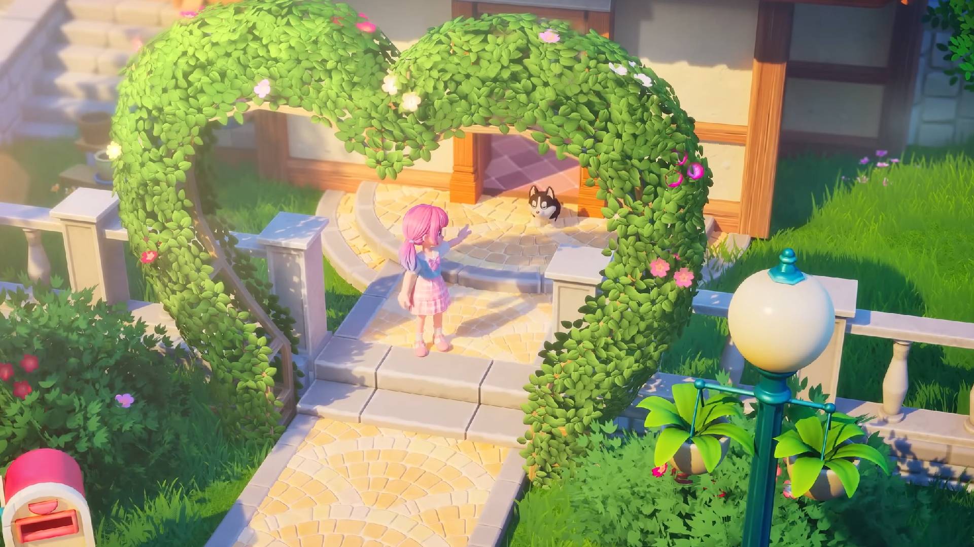 Player leaving house in Heartopia with dog