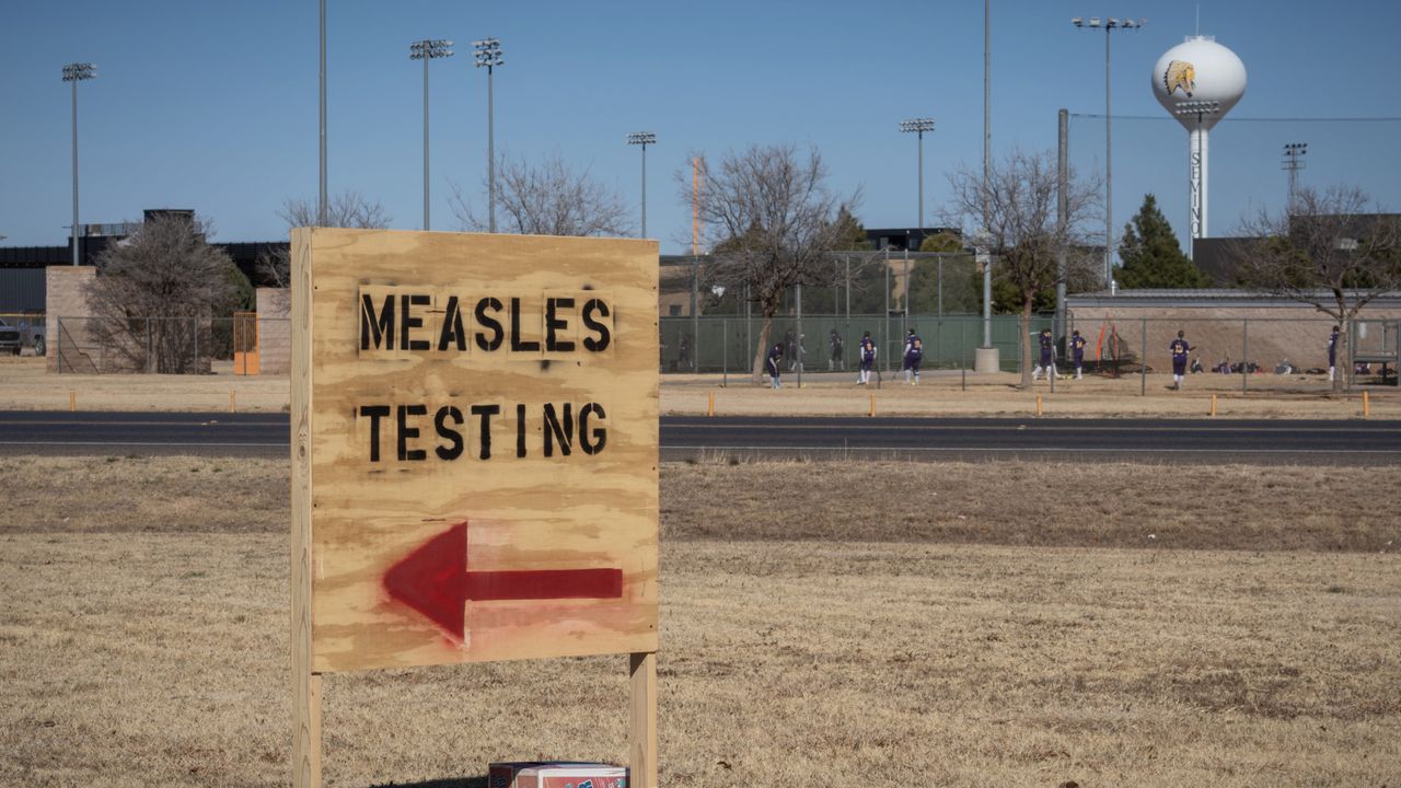 Measles testing sign in Seminole, the county seat of Gaines County, Texas