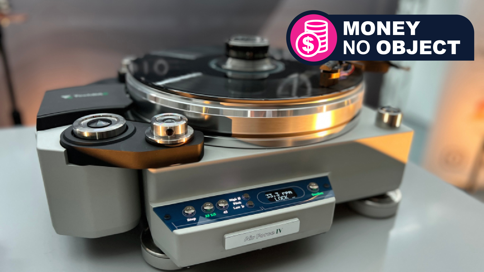 TechDas Air Force IV turntable on a table, with TR's Money no Object badge in the top right corner