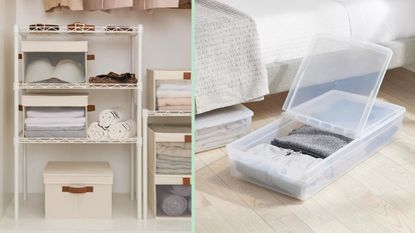 Storage bins in closet and under bed