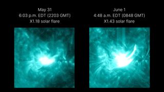 Close up views of the two solar flares erupting from the surface of the sun.