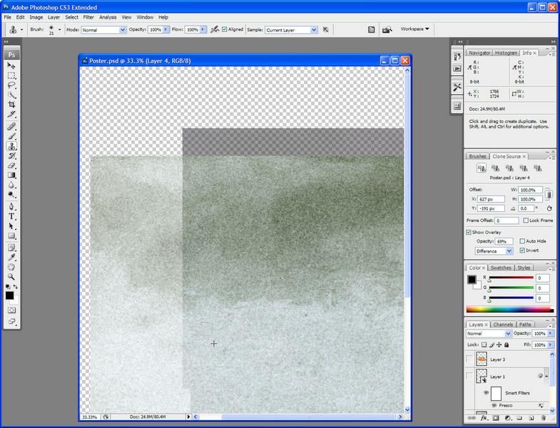 Step 4: The Clone tool now shows an overlay of what you're using to replace the image, over the space you're working in.