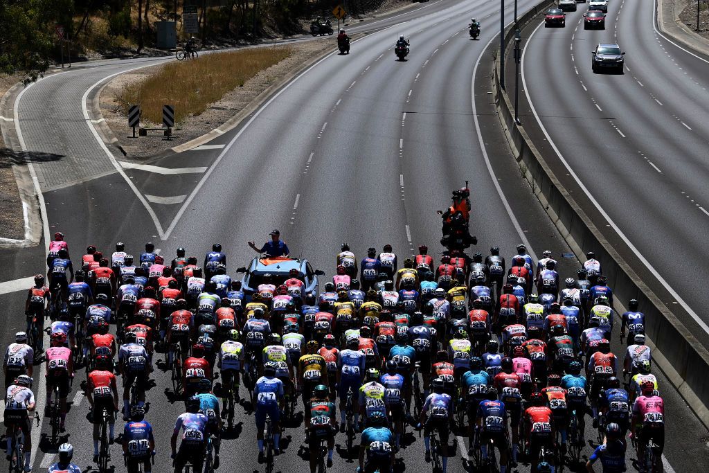 MOUNT LOFTY AUSTRALIA JANUARY 22 A general view of the peloton competing during the 23rd Santos Tour Down Under 2023 Stage 5 a 1125km stage from Unley to Mount Lofty 727m TourDownUnder WorldTour on January 22 2023 in Mount Lofty Australia Photo by Tim de WaeleGetty Images