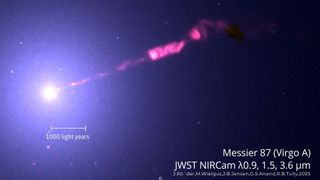A hazy trail of pink gas is expelled from a bright light representing black hole M87 in the darkness of space with the words "JWST NIRCAM" on the bottom of the image