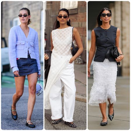 collage of women wearing studded ballet flats 