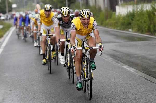 Michael Albasini leads his HTC-Columbia teammates in the peloton's pursuit of the four-man break.
