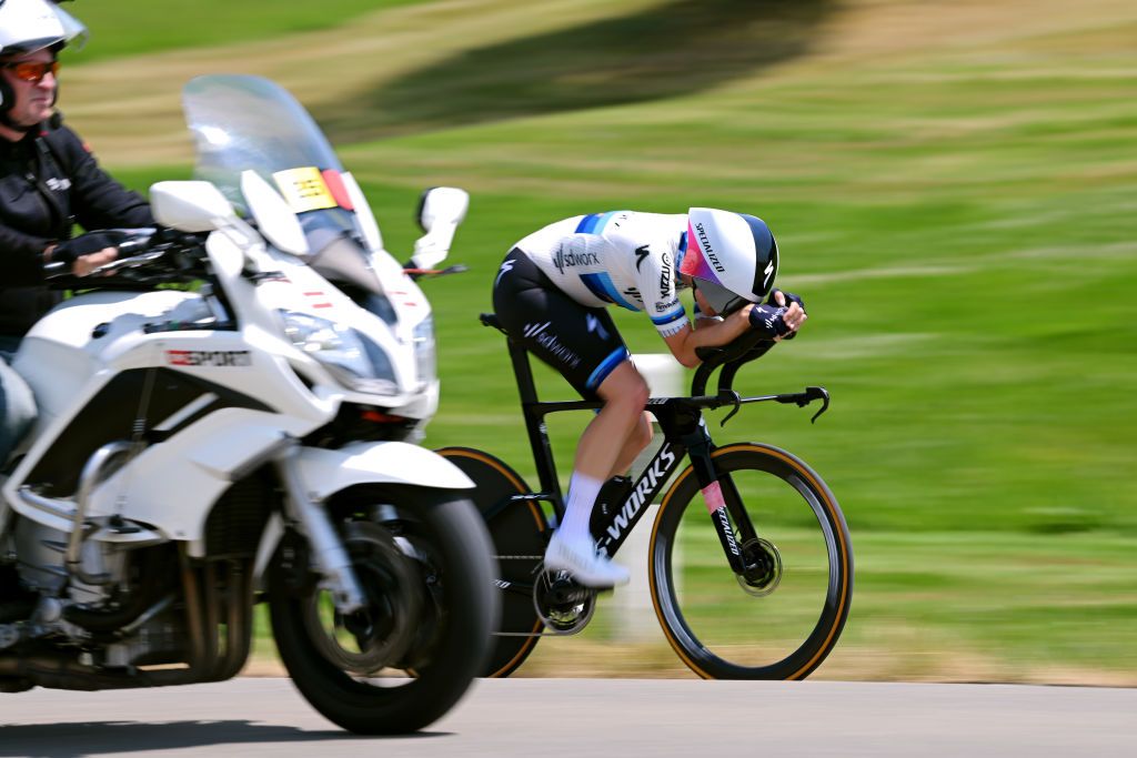 ABTWILL SWITZERLAND JUNE 18 Marlen Reusser of Switzerland and Team SD Wor sprints during the 3rd Tour de Suisse Women 2023 Stage 2 a 257km individual time trial from St Gallen to Abtwil UCIWWT on June 18 2023 in Abtwil Switzerland Photo by Dario BelingheriGetty Images