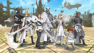Anime style characters stand in line in Final Fantasy XIV, one of the best free PS5 games