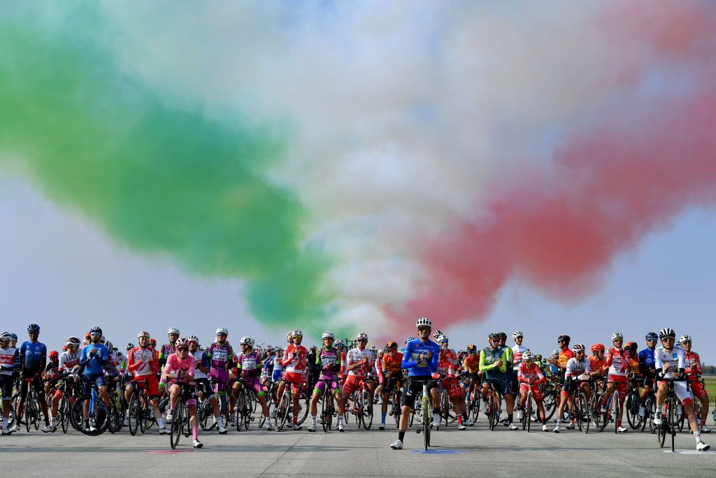 PIANCAVALLO ITALY OCTOBER 18 Start Brandon McNulty of United States and Team UAE Team Emirates White Best Young Rider Jersey during the 103rd Giro dItalia 2020 Stage 15 a 185km stage from Base Aerea Rivolto Frecce Tricolori to Piancavallo 1290m girodiitalia Giro on October 18 2020 in Piancavallo Italy Photo by Stuart FranklinGetty Images