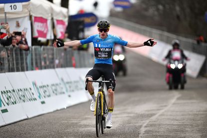 Jonas Vingegaard celebrates his victory on stage six of Tirreno-Adriatico