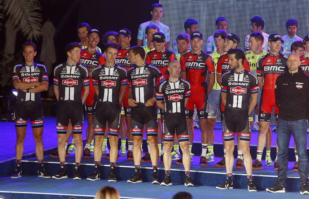 Giant-Alpecin appear on stage at the Tour of Dubai presentation.