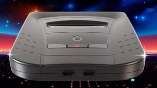 Black Sega GF1 Neptune console with blue and orange lights in backdrop.