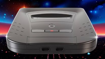 Black Sega GF1 Neptune console with blue and orange lights in backdrop.
