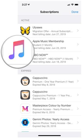 iOS 12 App Store, Account, Subscriptions, Apple Music