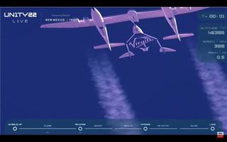 Virgin Galactic's SpaceShipTwo vehicle VSS Unity drops from its carrier plane on its fourth flight to suborbital space, on July 11, 2021.