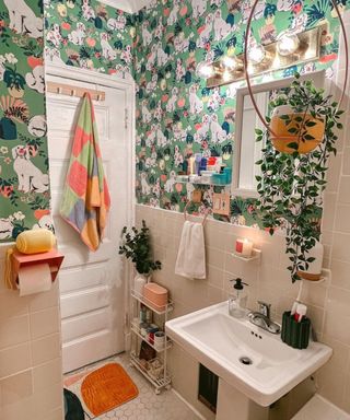 Colorful bathroom with dog print wallpaper