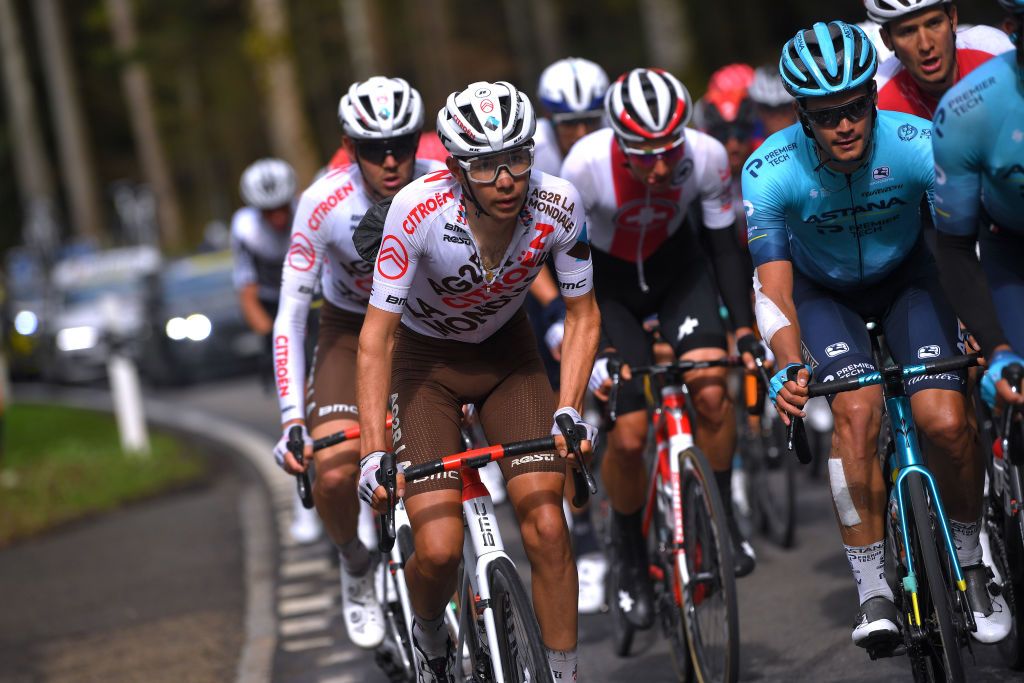 SAINTIMIER SWITZERLAND APRIL 29 Clement Champoussin of France and AG2R Citren Team Javier Romo of Spain and Team Astana Premier Tech during the 74th Tour De Romandie 2021 Stage 2 a 1657km stage from La Neuveville to SaintImier TDR2021 TDRnonstop UCIworldtour on April 29 2021 in SaintImier Switzerland Photo by Luc ClaessenGetty Images