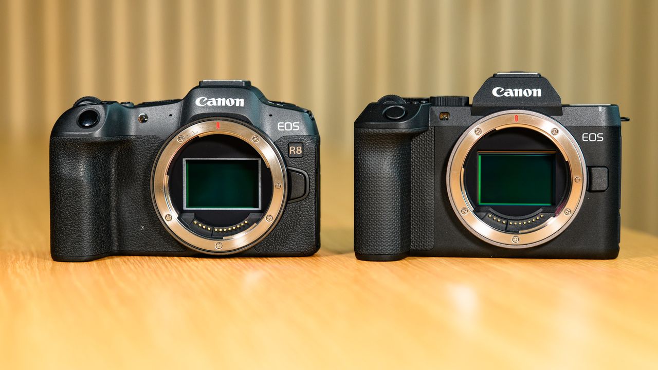 Canon EOS R8 Mark II alongside the original EOS R8, on a wooden table