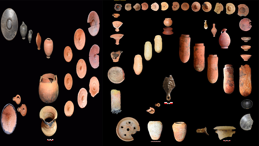 a large collection of archaeological images showing discs, jars and similar objects of everyday life