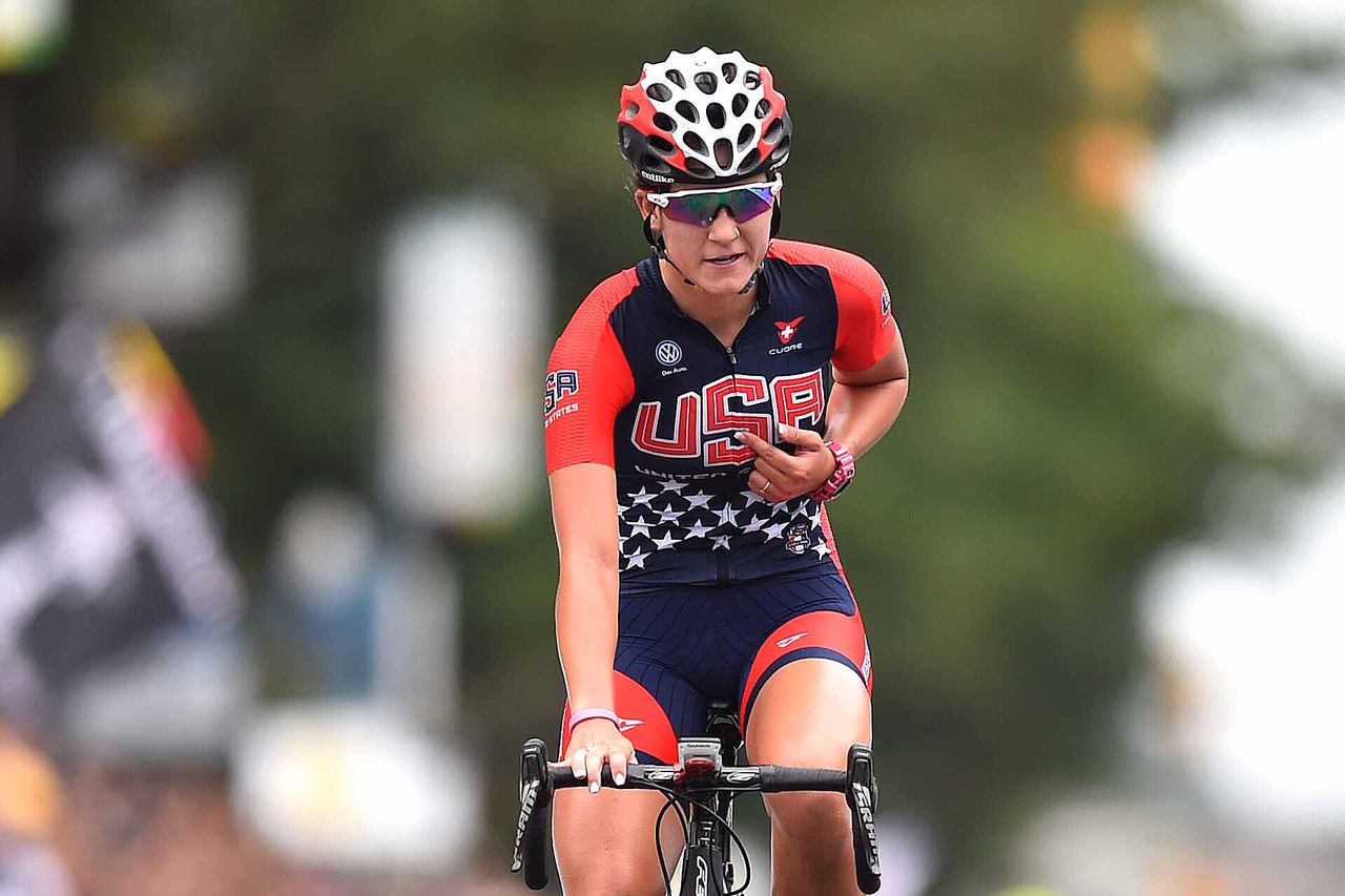 Chloe Dygert (USA) wins the junior women's road race world championship in Richmond