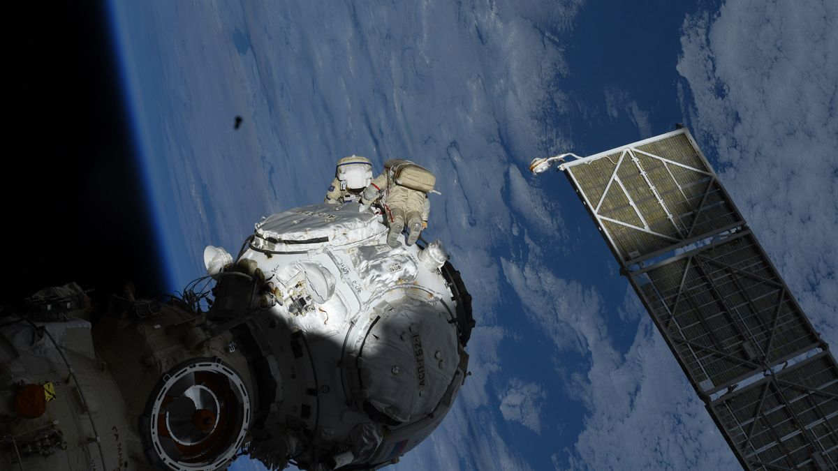 Russian cosmonauts Pyotr Dubrov and Anton Skhlaperov during work on the recently arrived Prichal module during a six-hour spacewalk at the International Space Station.