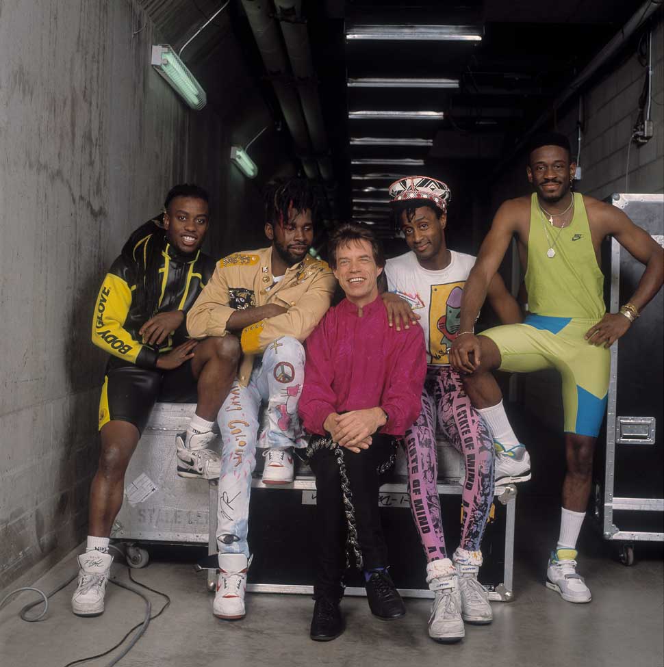 Mick Jagger and Living Colour posed on a flightcase
