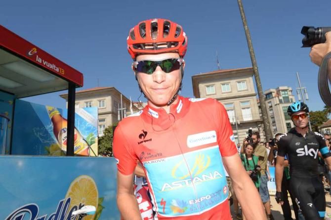 Janez Brajkovic (Astana) in the red jersey of Vuelta a Espana leader.
