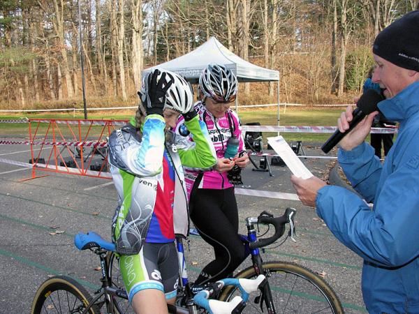 Maureen Bruno Rooy adjusts her helmet as Richard Fries calls up the rest of the elite women.