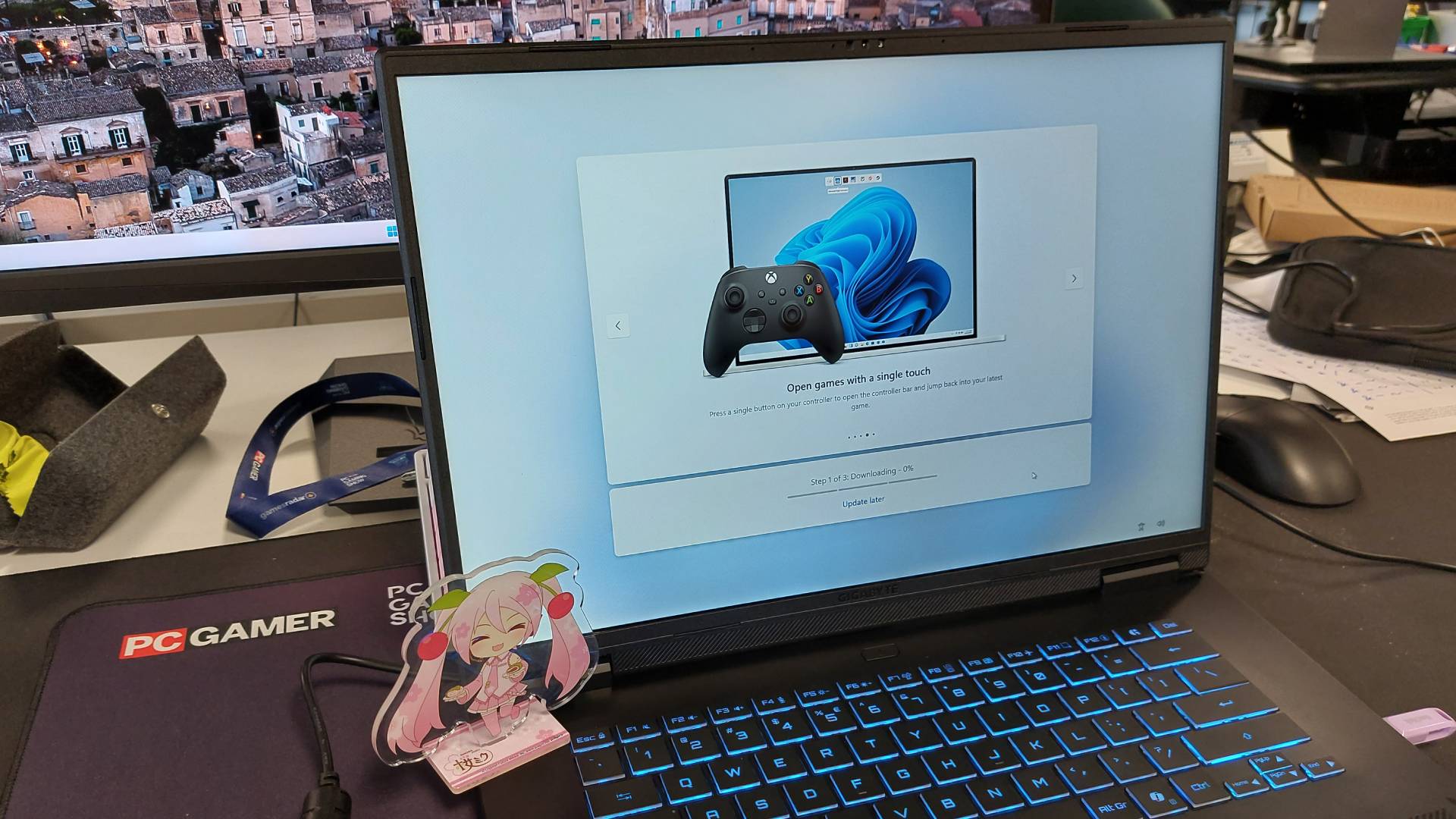 The Gigabyte Aero X16 gaming laptop seen during first-time setup for Windows 11. User's now have the option to carry out updates later.
