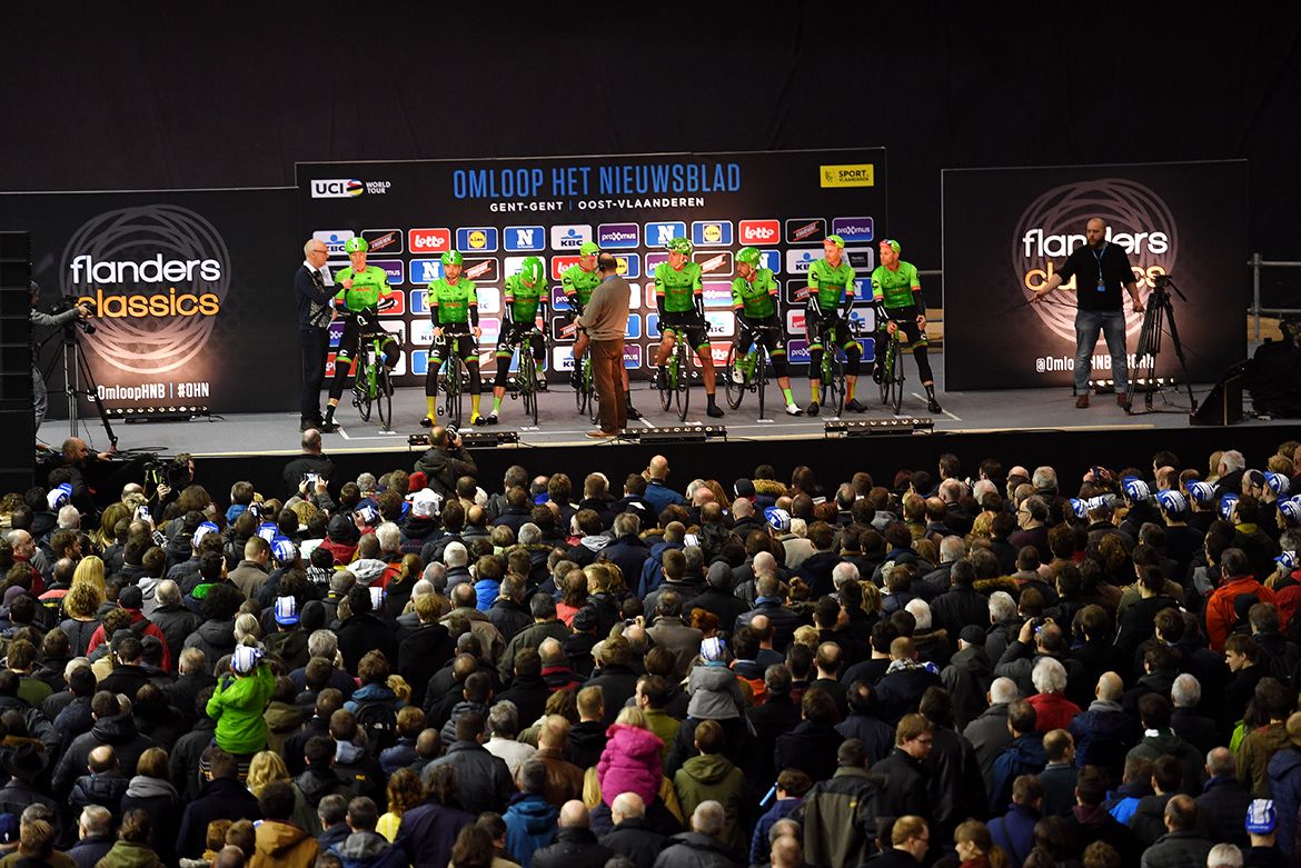 Cannondale-Drapac with new signee Sep Vanmarcke at the Omloop Het Nieuwsblad team presentation