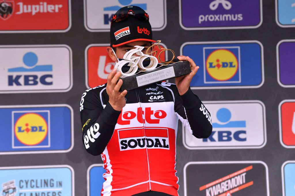 SCHOTEN BELGIUM OCTOBER 14 Podium Caleb Ewan of Australia and Team Lotto Soudal Celebration Trophy Mask Covid safety measures during the 108th Scheldeprijs 2020 a 1733km stage from Schoten to Schoten Scheldeprijs FlandersClassic SP20 on October 14 2020 in Schoten Belgium Photo by Luc ClaessenGetty Images