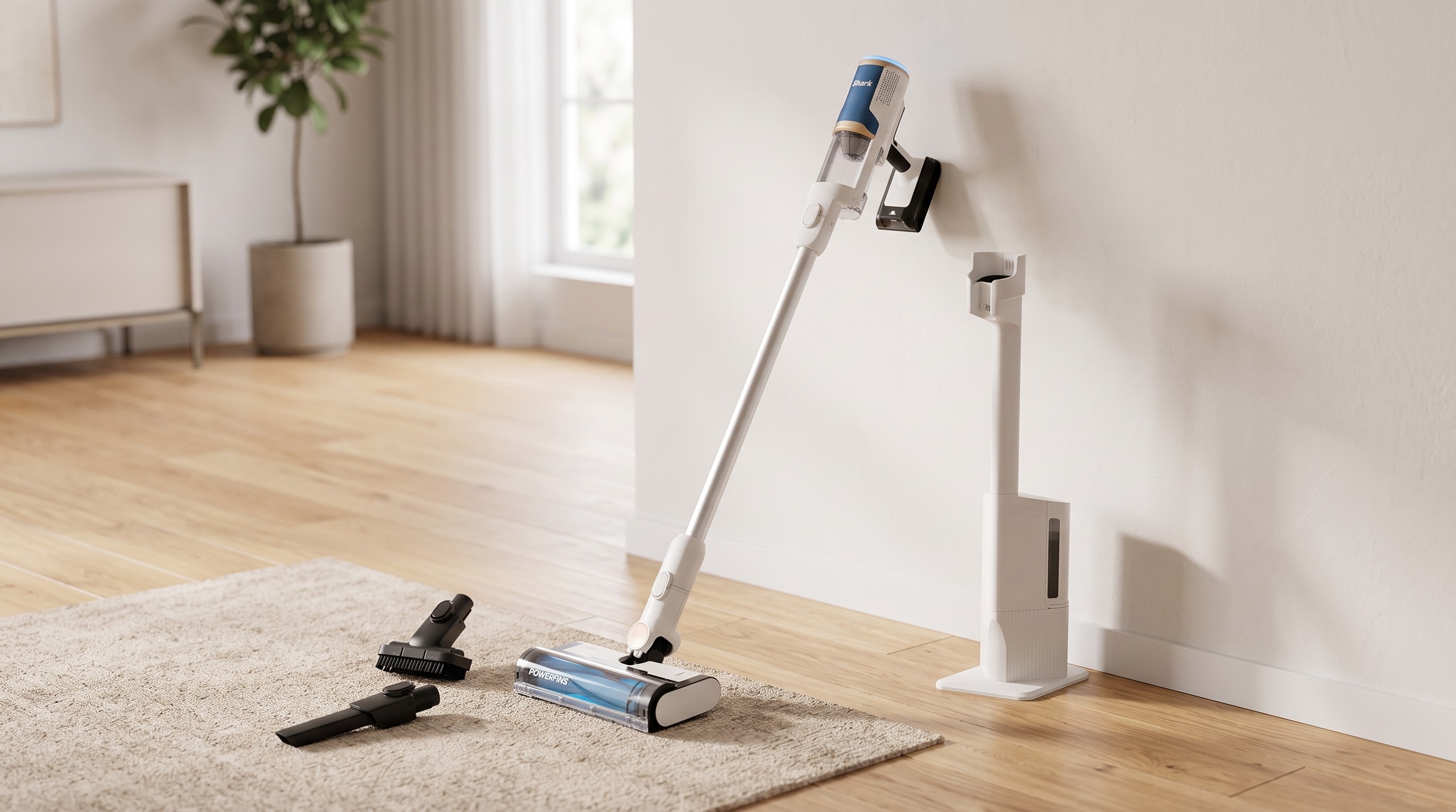 The Shark Clean &amp; Empty resting on a white wall in a house next to the base and with the attachments on a rug on the floor