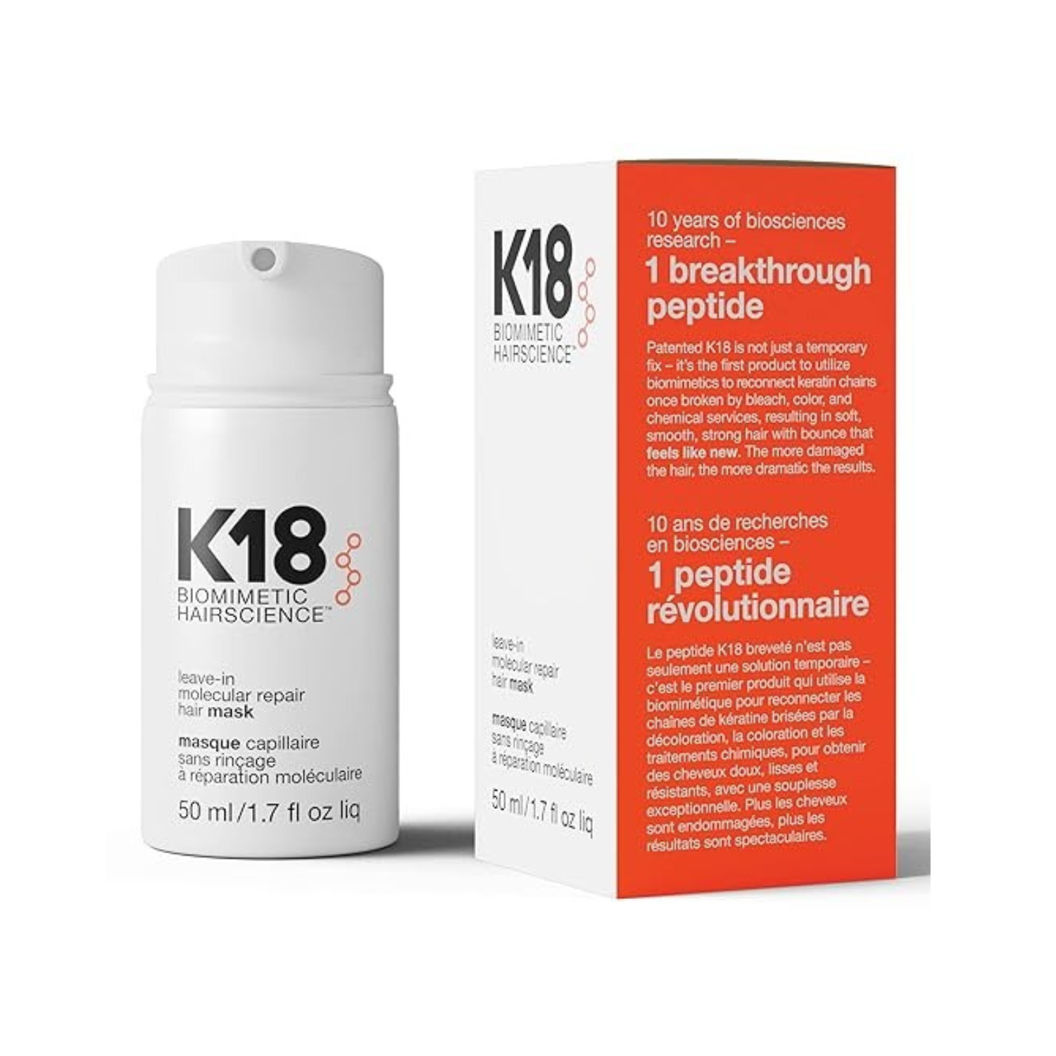 K18 Full-Size Leave-In Molecular Hair Mask, Repairs Dry or Damaged Hair, Reverse Hair Damage From Bleach, Color, Chemical Services & Heat