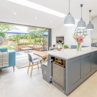 Kitchen with white walls and garden area