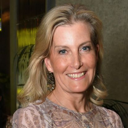 Duchess Sophie wearing a sheer blue paisley dress and smiling