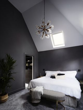 A bedroom with dark gray walls and white bedding