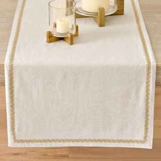 Gold Border Embroidered CottonLinen Table Runner