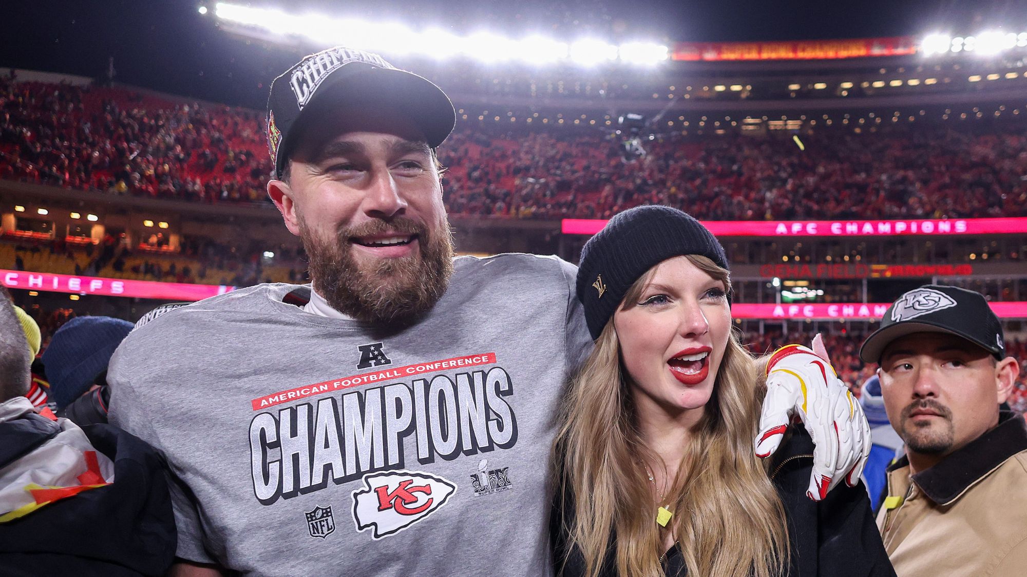 Travis Kelce and Taylor Swift attend the AFC Championship Game in 2025