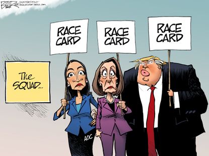 Political Cartoon U.S. Trump AOC Pelosi Race Card The Squad Tweets