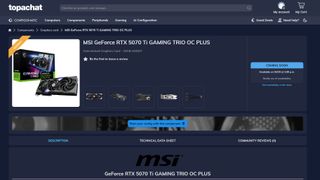 A product listing on the MSI GeForce RTX 5070 Ti Gaming Trio OC Plus GPU on a retail website