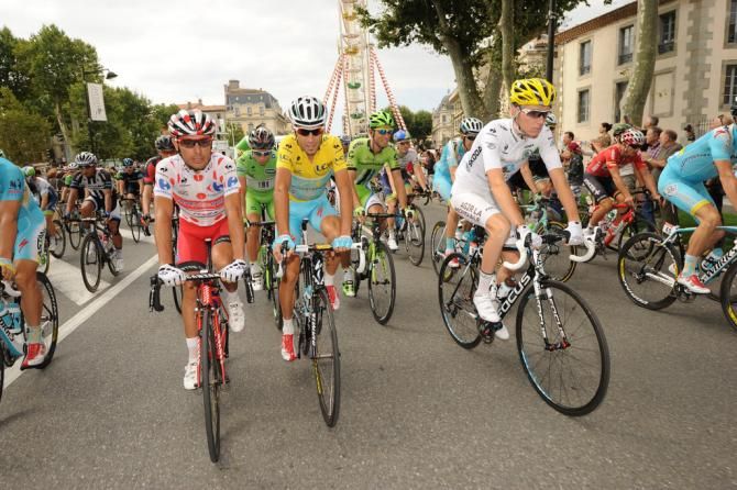 The four jersey wearers ride out of Carcassonne