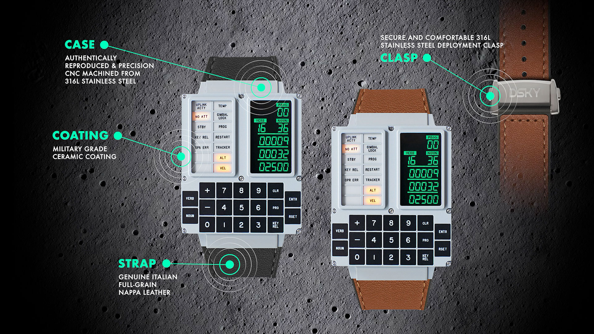 Labeled graphic detailing the construction of Apollo Instruments' DSKY Moonwatch.