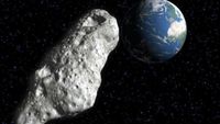 A gray rocky asteroid heads back toward Earth in the darkness of space