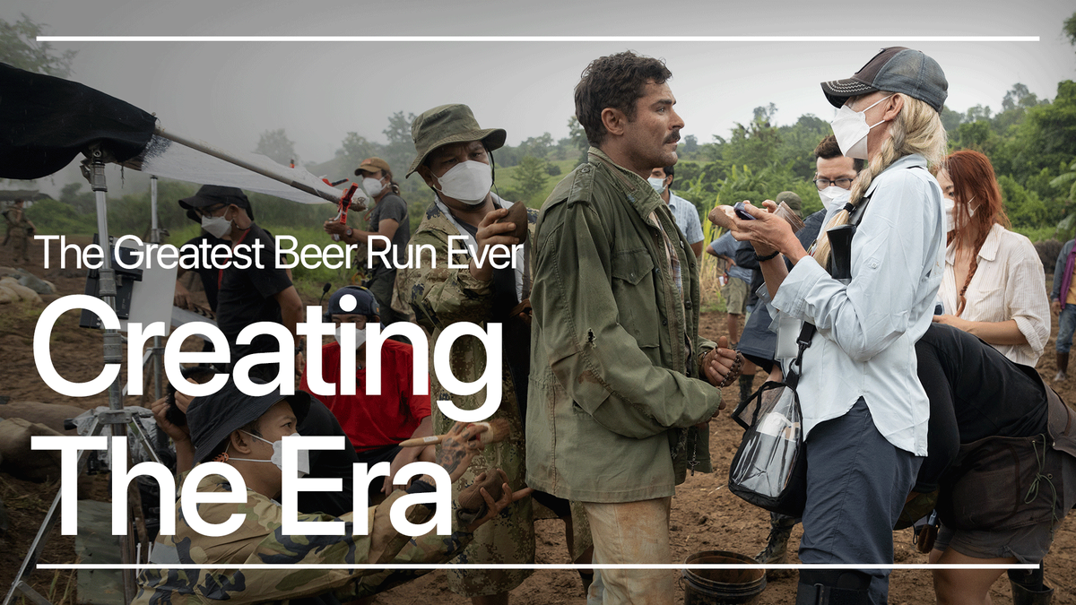 Image of Zac Efron with cast and crew, text on screen reads “The Greatest Beer Run Ever Creating The Era”.